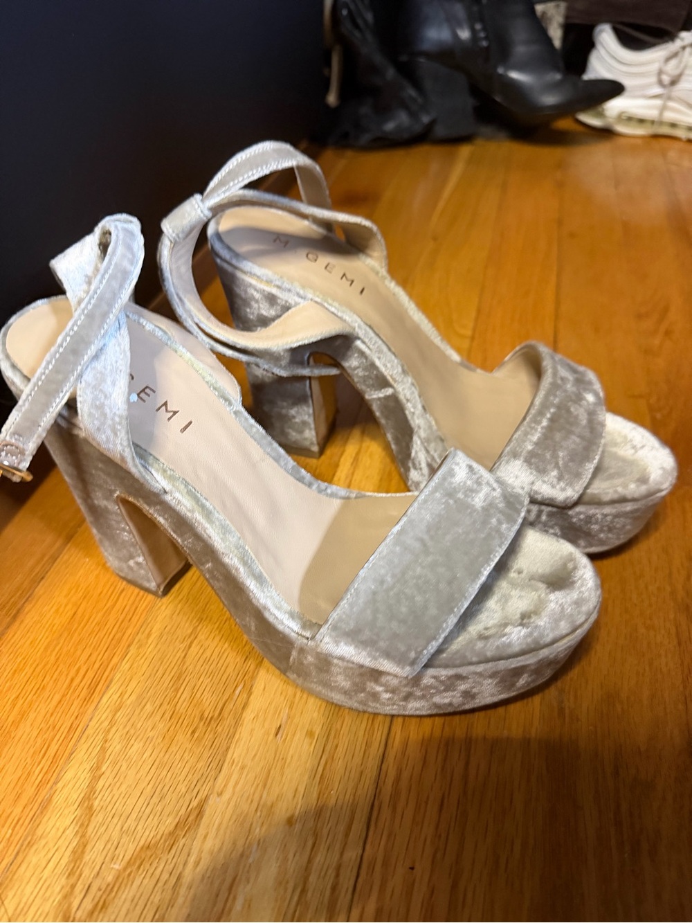 Light Gray Crushed Velvet Platform Block Heels with Ankle Strap